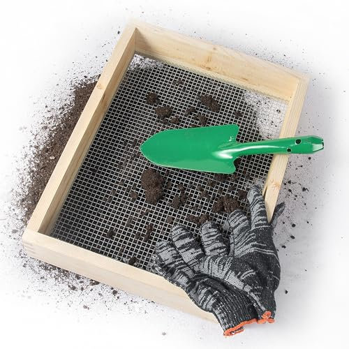 15.74 x 11.81 Soil Sifter - Steel Wire Mesh & Natural Wood Dirt Sifter for Gardening - Compost, Rock, & Dirt Sifter Tool with Gloves and Trowel- Essential Garden Tool for Flower & Vegetable Planting