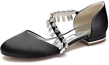 HFWXYSA Mary Jane Flats Shoes Women Round Toe Slip on Ballet Flats Satin Closed Toe Wedding Bridal Shoes,Black,4 UK