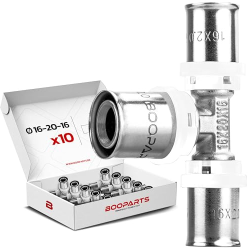 BOOPARTS – 10 st – Presst-T-koppling reducerad Ø16–20–16 mm | Multilager reducerad T-koppling TH-profil | Professionellt VVS-set i mässing