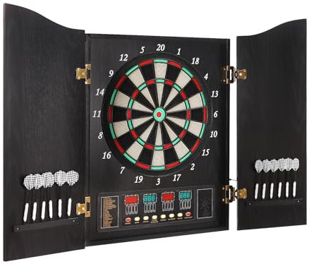 Elektronische Dartscheibe mit Schrank, LED-Display & 27 Spielen, Softdart Dartscheibe Wandmontage, Dartautomat für 16 Spieler, Digitales Dartboard mit Türen, inkl. 12 Darts & Zubehör