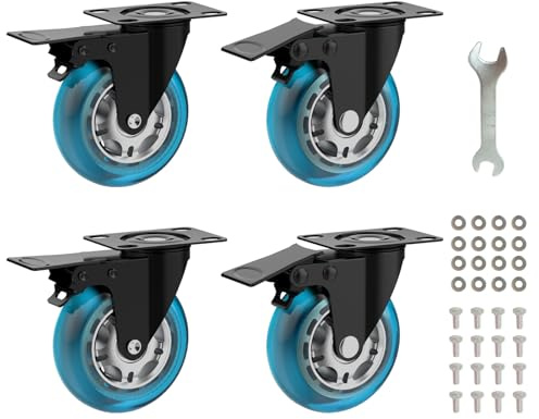 3 in Plate Caster Wheels - Heavy Duty with Brake 1200LBS,Industrial Casters Set of 4,Locking,360 °Swivel,No Noise Polyurethane Castors,Non Marking Blue Castor Wheels for Furniture,Carts,Cabinet,Table