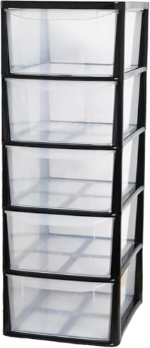 SIDSONS A4 5 & 6 Drawer Storage Unit Clear Plastic Drawer Organizer Home Office School Multi-Purpose Stationery Craft Tool Storage Medium & Deep Drawers (Black/Clear, A4 5 Deep Drawers Unit)