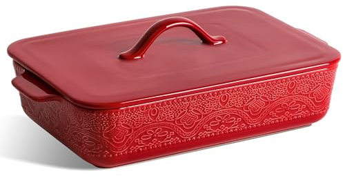 Casserole Dish with Lid, Ceramic 9x13 Casserole Dish for Oven, Rectangular Bakeware, Large Baking Dish with Handles for Holiday Cooking, Roasting, Baking, Oven & Microwave Safe (Red)
