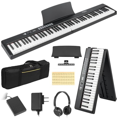 STRICH 88 Key Digital Piano Foldable Full Size Electric Keyboard with Semi-Weighted Sensitive Keys, Portable Electric Piano Set for Beginner, Bundle with Sustain Pedal, Headphones, Music Rest, SEP-88F