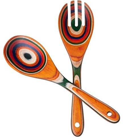 Zarocrus Pakkawood Salad Tongs,10.5 inch wooden Spoons, Serving utenstil colorful wood Salad Servers set, Kitchen cooking utensil set.