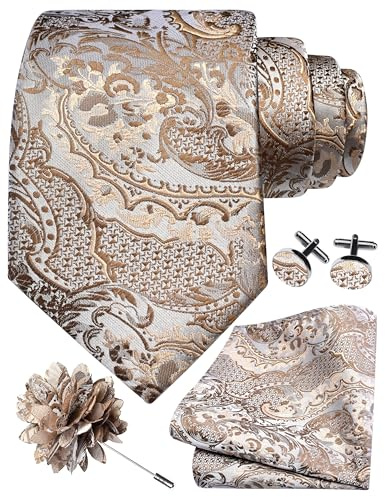 Gusleson Khaki Champagne Tie Set for Men Silk Paisley Necktie Pocket Square Cufflinks and Lapel Pin Brooch Set for Wedding (UK6114-11)