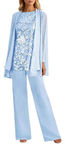 Celanisai Costume 3 pièces pour femme - Pour fête de mariage, mère de la mariée, costume en mousseline de soie - Tenue festive - Grandes tailles - Élégante mère de la mariée - Avec veste et pantalon