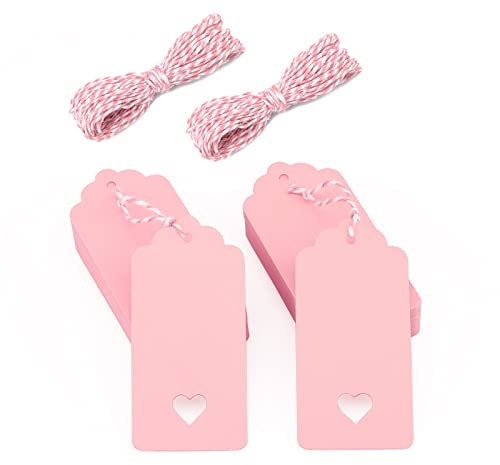 Pink Kraft Paper Gift Tags - 100PCS, 4cm x 9cm Lovely Hollow Heart Wedding Favor Name Cards With 20M Red White Cotton String for Luggage and DIY