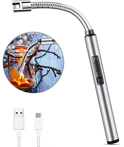 MOSUO Rechargeable Electric Arc Lighter - Windproof Flameless Electronic Lighter for Kitchen, Barbecue, Candles, Gas Stove, BBQ, Fireworks - Silver