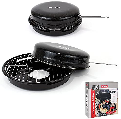 Algon - Churrasquera Grill Apta para Cocina de Gas y Hornillos de Gas. Parrilla Acero Inoxidable Ideal para Carne, Pescado y Verdura. Calor Envolvente. Barbacoa 30 cm. Color Negro.