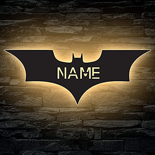 Fledermaus LED Deko Schlummerlicht Nachtlicht, personalisiert mit Wunsch Namen Lasergravur Abendlicht - Geschenk - in 13 MDF Holzfarben & 7 LED-Farben
