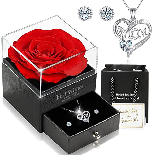 Muttertagsgeschenk für Mama, Muttertag Geschenk, Ewige Echte Rose Konservierte Box mit Herz Halskette & Ohrringe 925 Sterlingsilber Geschenkbox für Mutter am Valentinstag Muttertag Hochzeit Geburtstag