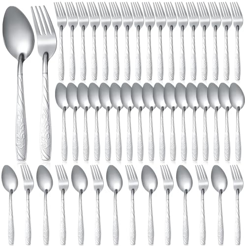 50 Pcs Forks and Spoons Silverware Set Stainless Steel Flatware Cutlery Set Heavy Duty Metal Spoons and Forks for Kitchen Utensil Dinner Restaurant Home, Mirror Polished, Dishwasher Safe(Flower)