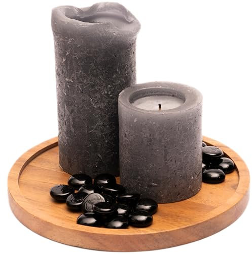 Plogis Grande assiette en acacia - Soucoupe pour bougies jusqu'à 18 cm de diamètre - Soucoupe en bois de 20 cm - Plateau rond pour bougies piliers - Couronne de l'Avent - Assiette décorative en bois