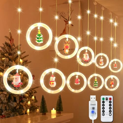 ZZXLOPEZ Luci Tenda Natale, 3M Tenda luminosa a LED, Tenda Luminosa Natale 8 Modalità USB con Telecomando 10 Addobbi Natalizi, Luci di Natale per Decorazioni Finestre, Feste, Giardino, Balcone
