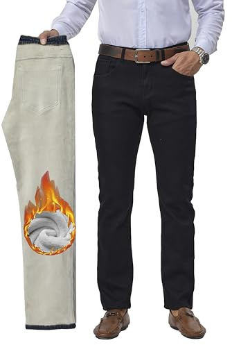 Fakanhui Fleecefodrade jeans för män vinter termisk flanell fodrad Jean Business vardaglig klänning arbete denim jeans, Formell svart, XS