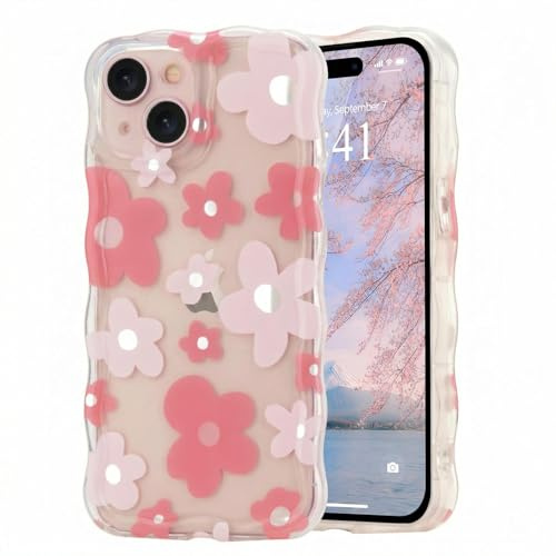 Micoden Cute Curly Wave Case for iPhone 15,Clear with Anti-Yellowing Flower Floral,Soft TPU Slim Bumper Shockproof Anti-Scratch Protective Wavy Cover for Girls Women-Pink