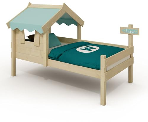 Wickey Kinderbett Crazy Dreamy - Einzelbett, Spielbett für Kinder aus Massivholz mit Planendach - 90 x 200 cm - pastellblaue Plane