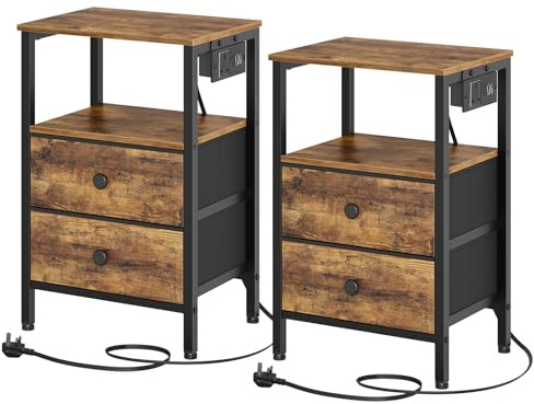 YATINEY Bedside Tables with Charging Station, Set of 2, Nightstands with 2 Drawers and 2 Shelves, End Tables with Outlet and USB Ports, for Living Room, Bedroom, Rustic Brown XET02L2KBRY1