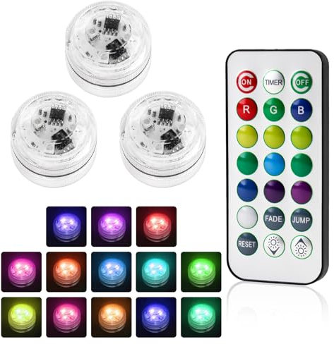 NGUIT 3Pack Mini Submersible LED Lights Waterproof Underwater RGB with Remote Control Colour-Changing Lights, Battery-Operated Flameless Lamps for Pool Aquarium Vase Garden Party Easter Decorations