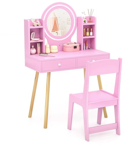GYMAX Kids Vanity Table and Chair, Wooden Girls Dressing Tables with 2-Color LED Lighted Mirror, 2 Drawers and Storage Shelves, Children Makeup Desk Set for 3 Years Old+ (Pink)