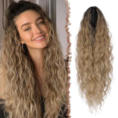 FESHFEN Coleta Postiza Pelo Natural con Pinza Cola Postiza Largo Ondulado Rizado Ombre Marrón Mezcla Rubio Sintética Extensiones Coleta Postizos para Mujeres, 65 cm