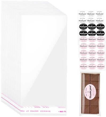 FDKYOEK 6.69 x 3.54 Chocolate Bar Wrappers, 100 PCS Self Adhesive Candy Bar Wrappers with 135PCS Thank You Stickers, Food Grade Clear Chocolate Bars Packaging Bags