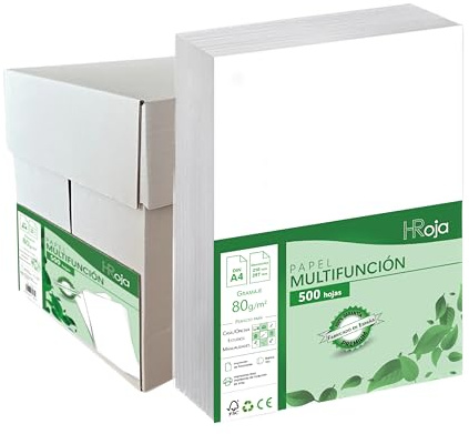 HRoja | Papel A4 Blanco 80 gr - 2500 Hojas en Paquetes de 500 Folios Multifunción para Impresoras y Fotocpiadoras - Fabricado en España Ideal para Uso Diario y Profesional en Oficina, Hogar y Escuela