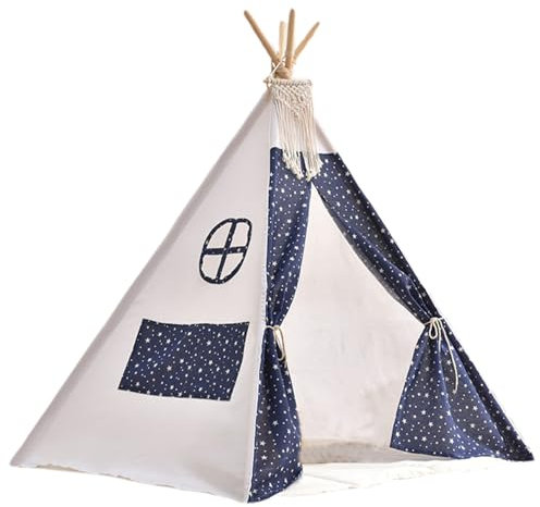 imFreienawn Tienda Teepee para niños Patrón Estrellado de la Carpa para niños con Cortina de Puertas y tragaluz 31.5x31.5x43 Pulgadas Lino de algodón de algodón con Borla para Jugar en Interiores