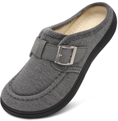 JOINFREE Womens Slippers Wide Diabetic Slipper Adjustable Slip on Mules Memory Foam Warm House Slippers for Orthopedic Neuropathy Edema Swollen Bunions Arthritis Indoor & Outdoor DarkGrey Size 9