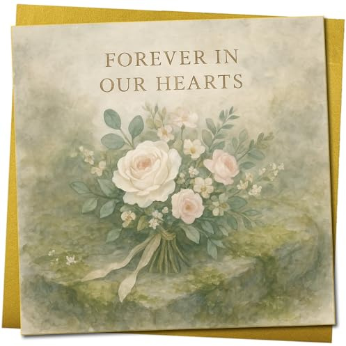Elegant Sympathy Card - Forever In Our Hearts Floral Bouquet - Condolence Remembrance Card - Square 145mm x 145mm, Includes Gold Envelope