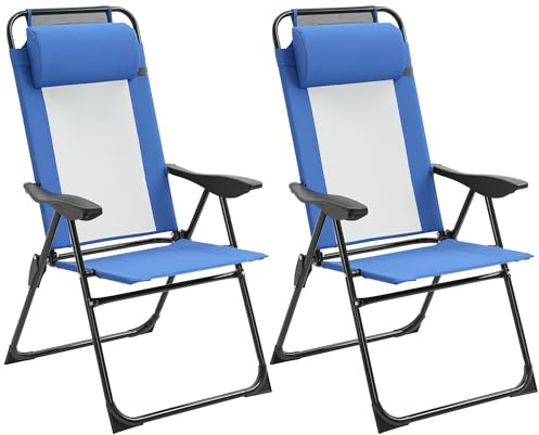 Outsunny Folding Garden Chairs with High Back Headrests, Set of 2, Blue | 5-Position Recliner Camping Dining Chair, All Weather Texteline Seat, Portable for Outdoor, Patio, Picnic