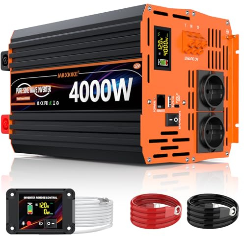 Omvandlare 4000 W 12 V till 230 V ren sinus spänningsomvandlare med LCD-fjärrkontroll, 2 EU-uttag, 30 W USB-C, 5 V/3,1 A USB, 8 000 W Peak för husbil, lastbil, solsystem