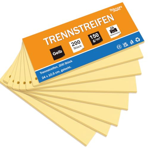 Thboxes Lot de 200 intercalaires jaunes, 24 x 10,5 cm, perforés, pour classeur A4, en carton, onglets de séparation, inscriptibles et imprimables, pour bureau, école, université