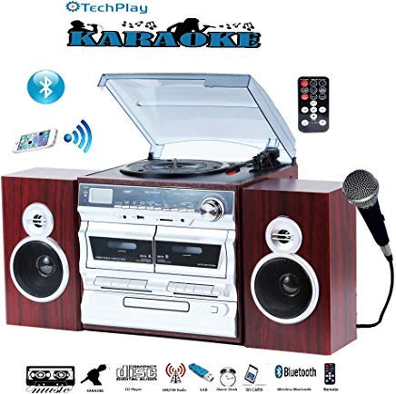 TechPlay Karaoke abilitato, 30 W RMS, giradischi classico retrò, NFC Bluetooth, doppio lettore musicassette/registratore, lettore CD MP3, porte USB SD, sveglia digitale AM/FM e telecomando completo