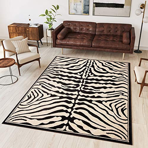 TAPISO Atlas Alfombra Suave de Pelo Corto Resistente Diseño Moderno Piel Animal Negro Crema Alfombra de Salón Habitación Dormitorio Comedor Oeko-Tex 250 x 300 cm