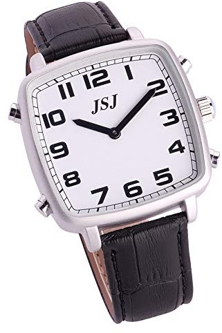 VISIONU Reloj Parlante en Español, Reloj de Pulsera Cuadrado,Esfera Blanco, Negro Correa de Cuero TSSW-1806S