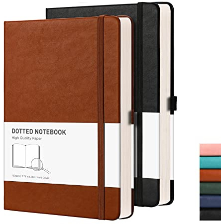 Bullet dot Journal A5 2-pack – RETTACY softcover Dotted anteckningsbok inbunden med 320 numrerade sidor, tjockt 120 gsm papper, 2 gratis mallar, 2 bokmärken, innerförpackning, 15 x 21 cm