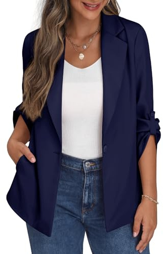 PrinStory Blazer för dam, öppen framsida, cardigan, justerbar ärm, blazer, jacka med knappfickor, marinblå, 8-10