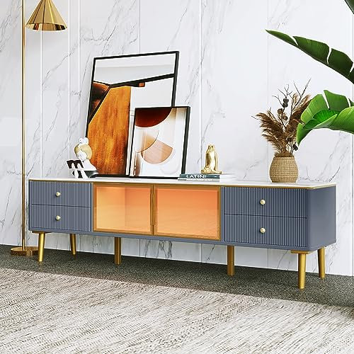 kubeier Meuble TV Effet Marbre, Meuble TV avec 4 Pieds, 4 Tiroirs Structurés avec Poignées Dorées et Deux Portes en Verre Trempé Marron, 170 * 37 * 47.5 cm
