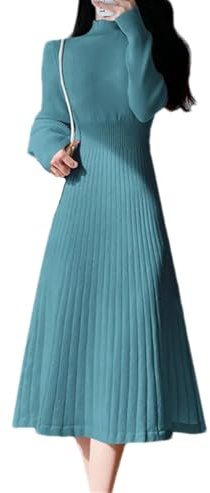 Dninmim Vestido de cuello alto casual midi de punto para mujer, de línea A, plisado, otoño invierno, túnica cian talla L