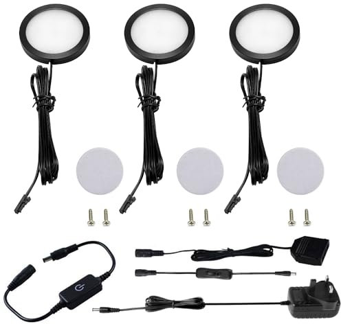 AIBOO Under Cabinet Kitchen Lights LED Black Cover Puck Lighting Kit with Touch Dimmer Switch,12V LED Under Cupboard Lights Under Counter Lights for Kitchen Cupboard Closet Lighting 3 Pack