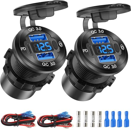 Cavo di uscita USB 12V Caricabatterie da auto in alluminio multi-porta, doppia presa QC 3.0 U-S-B e PD USB-C con interruttore voltmetro per auto, barca, camion, ricarica rapida per lPhone, lPad, ecc.