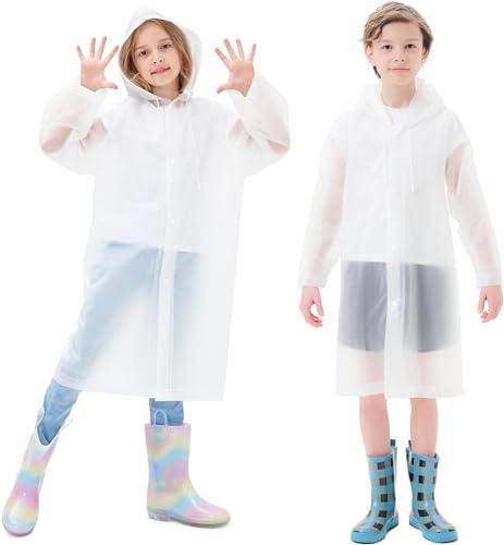 Yixker 2 Pack Kids Rain Poncho,Waterproof Reusable EVA Raincoat with Hood for Boys & Girls,Lightweight Children Rain Cape for School Outdoor Hiking Cycling Camping Travel (Standard, White)