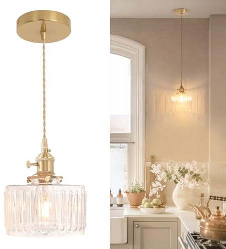 Shenmoyl Pendant Light with Clear Striped Glass Lmapshade, Brass Vintage Pendant Light Adjustable Hanging Light for Kitchen Island Dining Room Hallway