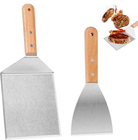 2 Stück Grillspachtel Set Plancha Spachtel Pfannenwender Edelstahl mit Holzgriff, Grillschaber Burger Spachtel für Grillen Drinnen und Draußen