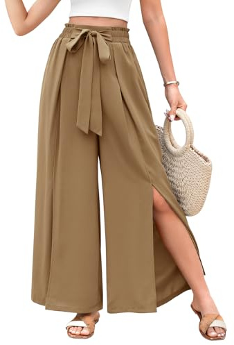 Svanco Pantalon D'été Fluide pour Femme avec Jambe Large Et Ouverte, Taille Haute Élastiquée, Pantalon Palazzo Ample avec Poches