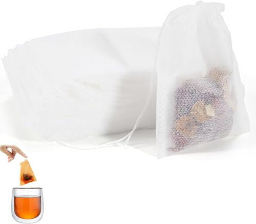 100 sachet the a remplir jetable avec cordon de serrage 7 x 9 cm, sachets de thé, infuseur thé, filtre à thé, pour thé en vrac pour thé en vrac, épices, café (Blanc)