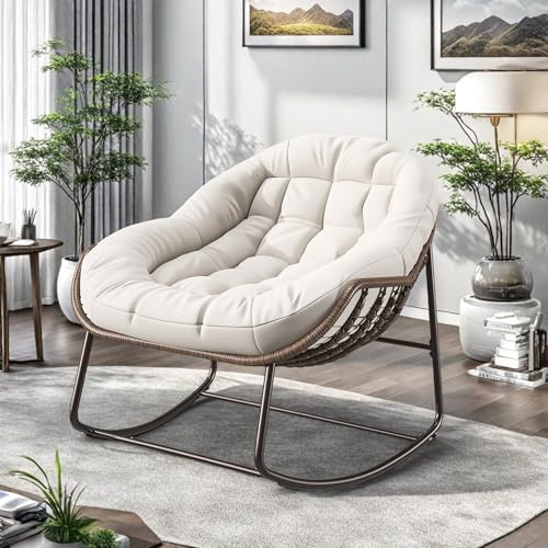 YGHQAP Fauteuil à Bascule en rotin avec Coussin, Chaise à Bascule d'extérieur Structure en Rotin et Métal, Chaise de Loisirs pour Jardin, Salon, Chambre, Porche et Balcon, jusqu'à 113 kg (Beige)
