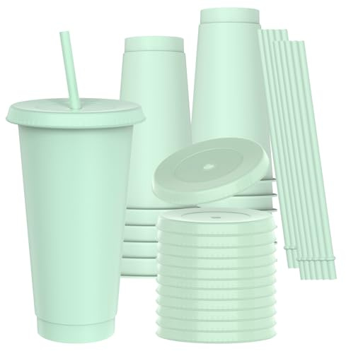 OZMOJOO 710 ml (24 Floz) Kunststoffbecher mit Deckel und Strohhalm (12 Stück) - Stabil & lebensmittelecht, wiederverwendbare Trinkbecher für Eiskaffee, Milchshakes, Smoothies - Grün